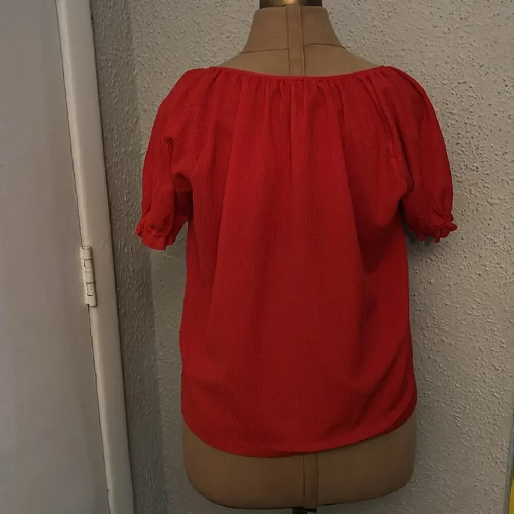 Madewell Texture & Thread Peasant Top Red Puff Sleeve S Boho Costal Cowgirl Chic